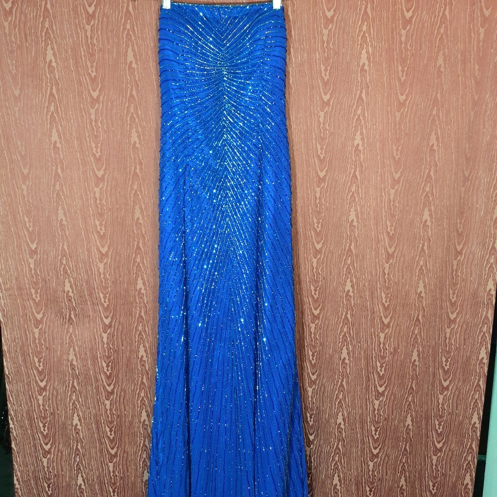 MIA BELLA BLUE BEADED PROM/GOWN/PAGEANT DRESS ZIP & TIE CLOSURE FLOOR LENGTH